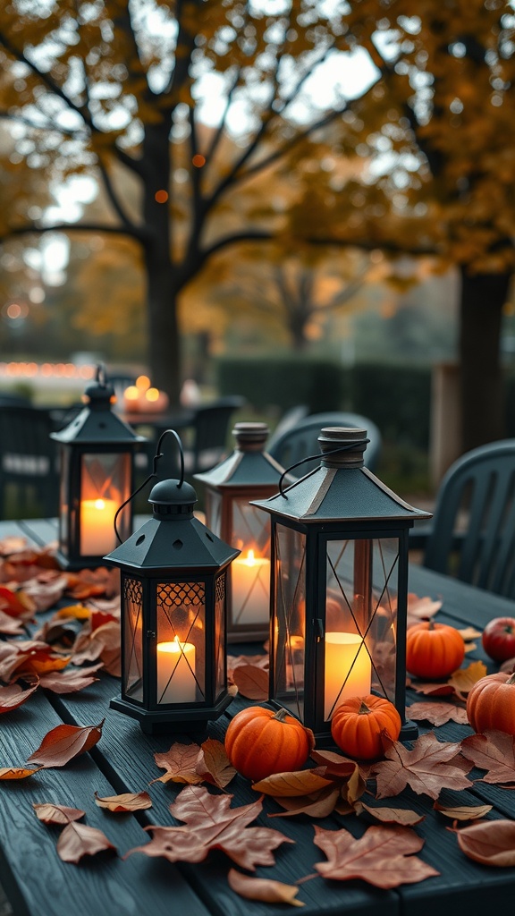 A table with lanterns, pumpkins, and autumn leaves.