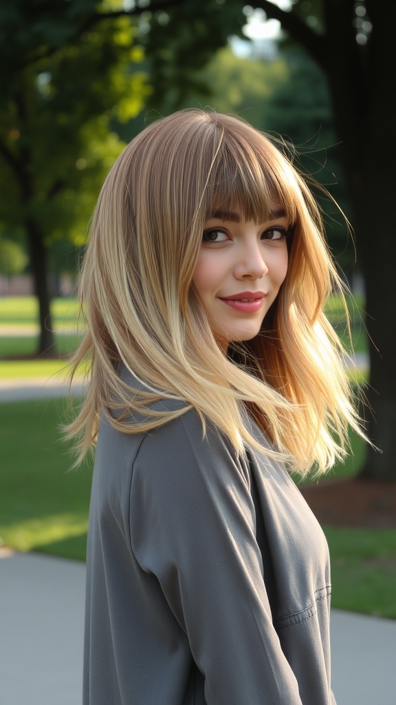 A person with layered shag haircut featuring long bangs, showcasing movement and texture.