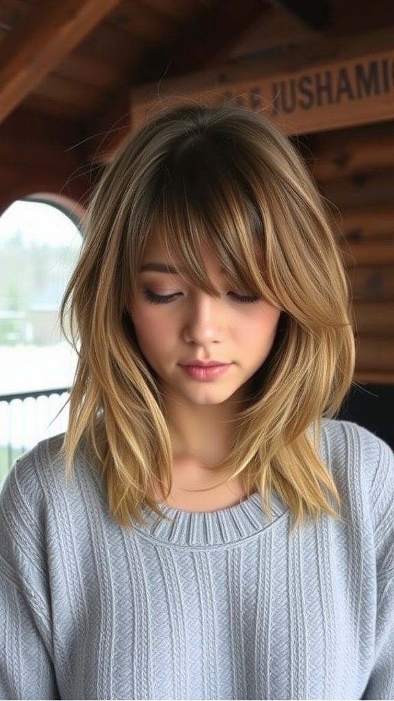 A young woman with layered shag haircut and wispy bangs, wearing a cozy sweater.