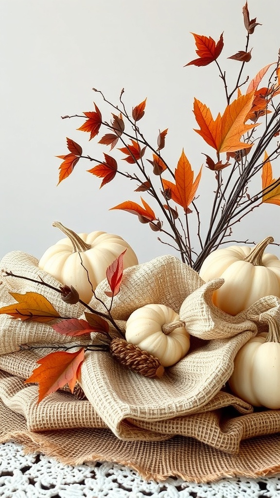 Thanksgiving centerpiece with layered textiles, white pumpkins, and autumn leaves