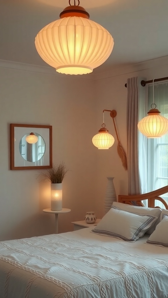 A cozy coastal bedroom featuring pendant lights with a beachy feel, soft bedding, and natural decor elements.