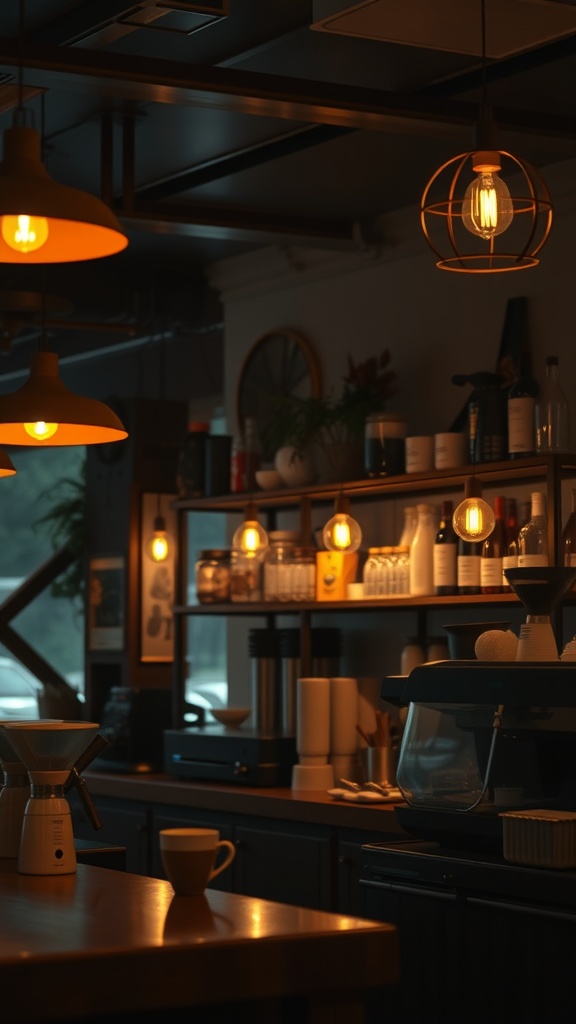 A cozy coffee bar with warm pendant lighting and a relaxed atmosphere.