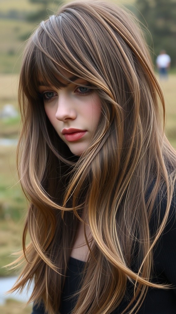 A woman with long shaggy layers and side bangs, showcasing a stylish hairstyle.