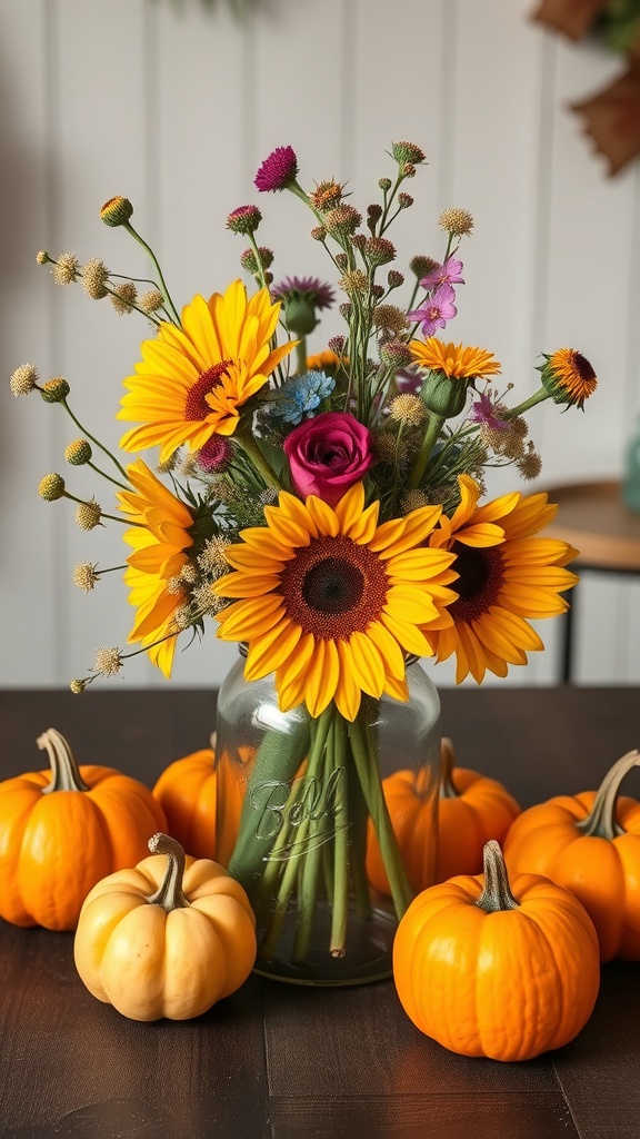 A mason jar filled with sunflowers and small pumpkins around it, creating a fall centerpiece.