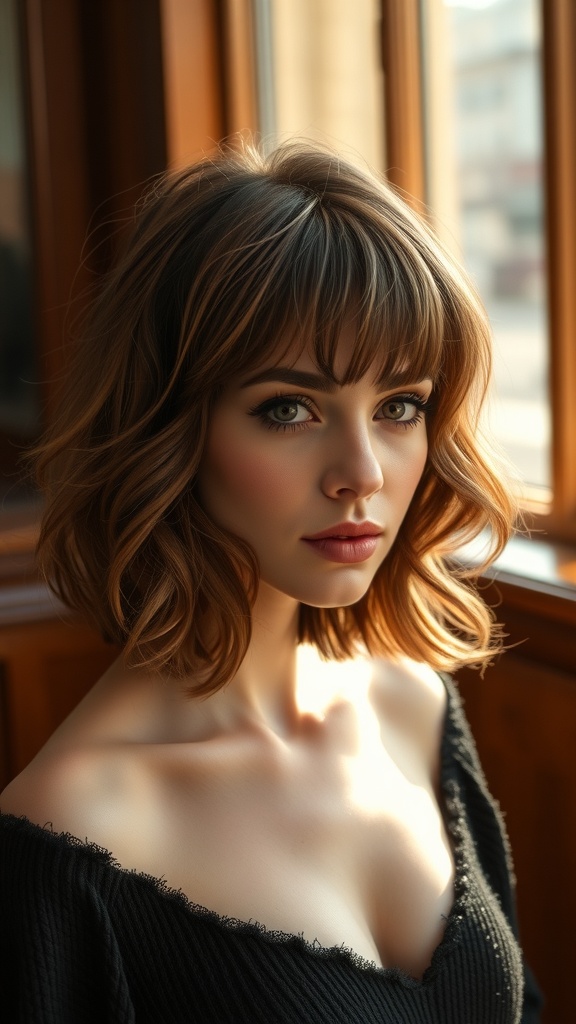 A woman with medium shag hair and feathered bangs, looking stylish and confident.