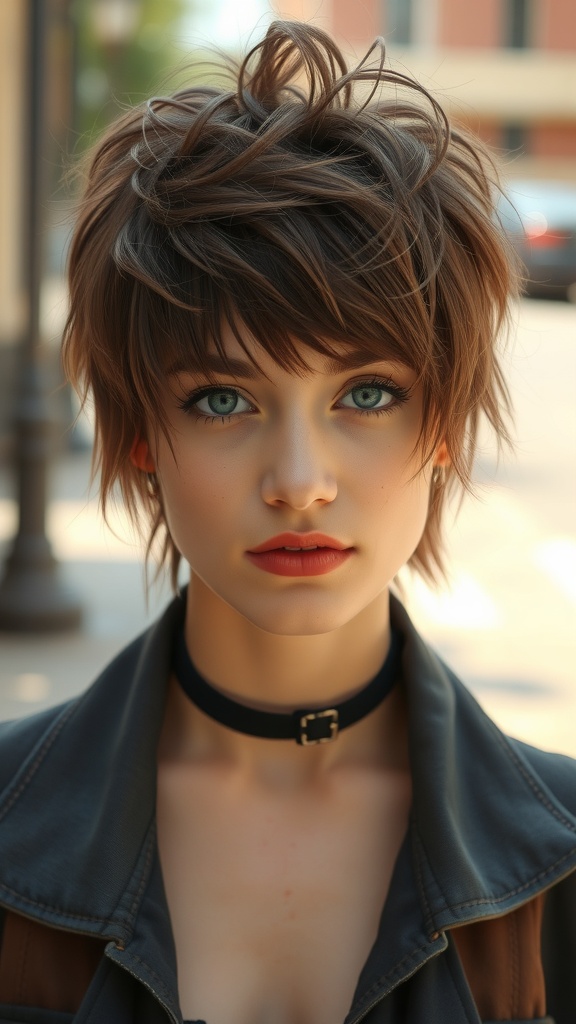 A young woman with a messy shag haircut featuring textured bangs, showcasing a stylish and edgy look.