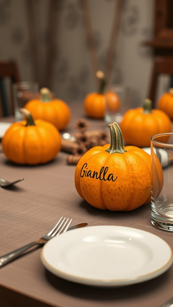 A table set for Thanksgiving with mini pumpkins as place settings, each labeled with a name.