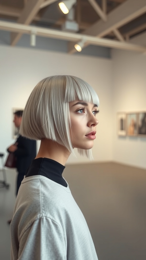 A person with a modern shag haircut featuring geometric bangs, showcasing a stylish look in an art gallery.