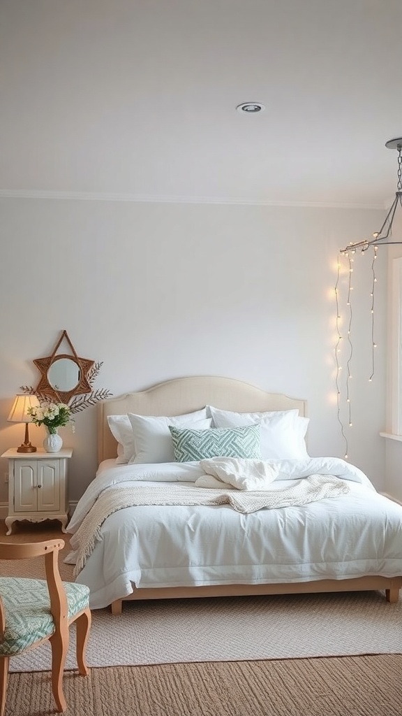 Coastal bedroom with soft lighting, featuring a bed, chair, and decorative elements.