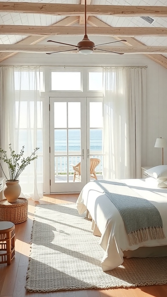 A bright coastal bedroom with large windows, light wood beams, and natural decor.