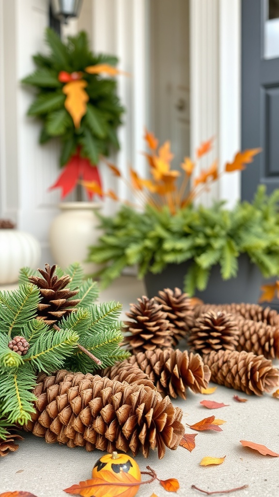 A collection of pinecones and autumn leaves arranged on a porch with a wreath in the background.