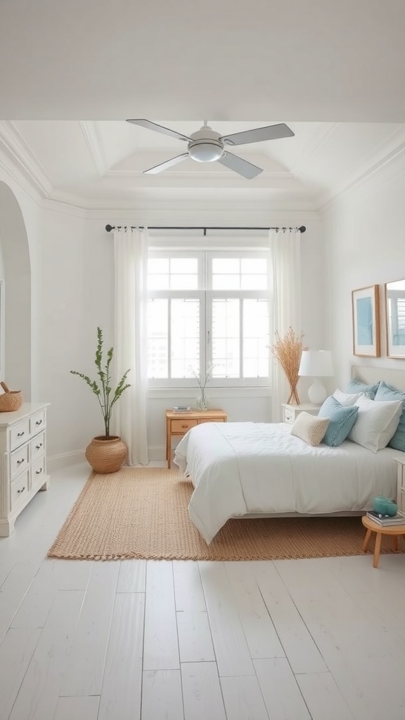 Bright coastal bedroom with white bed, light wood furniture, and blue accents.