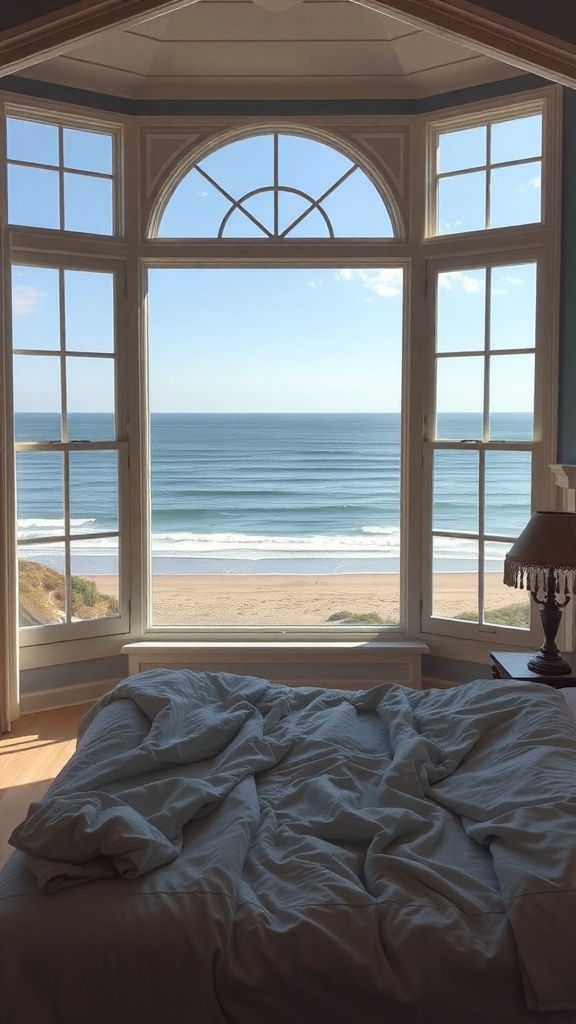 A coastal bedroom with large bay windows overlooking the ocean and a rumpled bed.