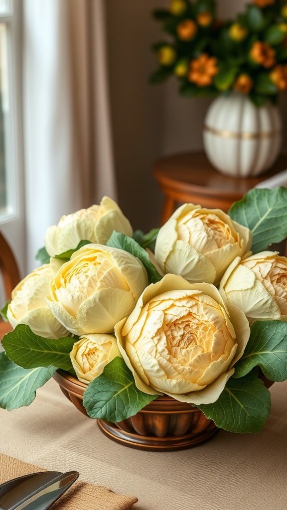 A beautiful arrangement of ornamental cabbage in a rustic bowl, showcasing pale yellow tones and green leaves, perfect for a Thanksgiving centerpiece.