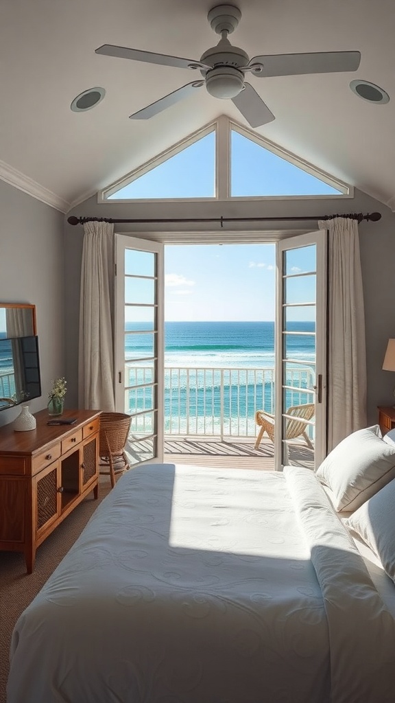 A coastal bedroom with a view of the ocean, featuring large windows and a balcony.