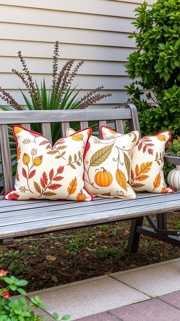 A bench with outdoor pillows featuring fall-themed designs, including leaves and pumpkins.
