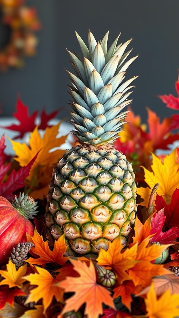A pineapple surrounded by colorful fall leaves and pumpkins, creating a festive Thanksgiving centerpiece.