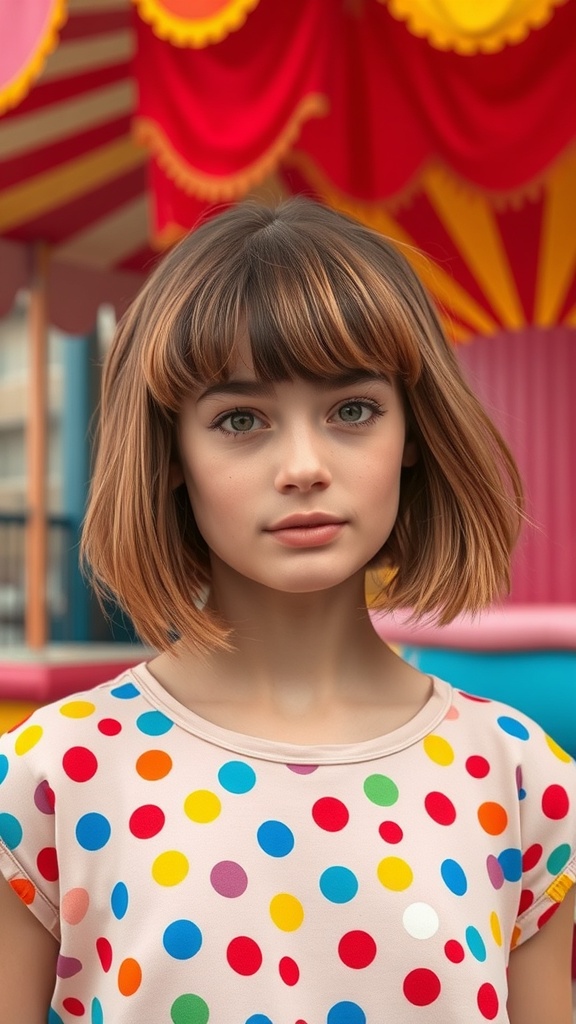 A young person with shaggy hair and baby bangs, wearing a polka dot shirt, set against a colorful background.