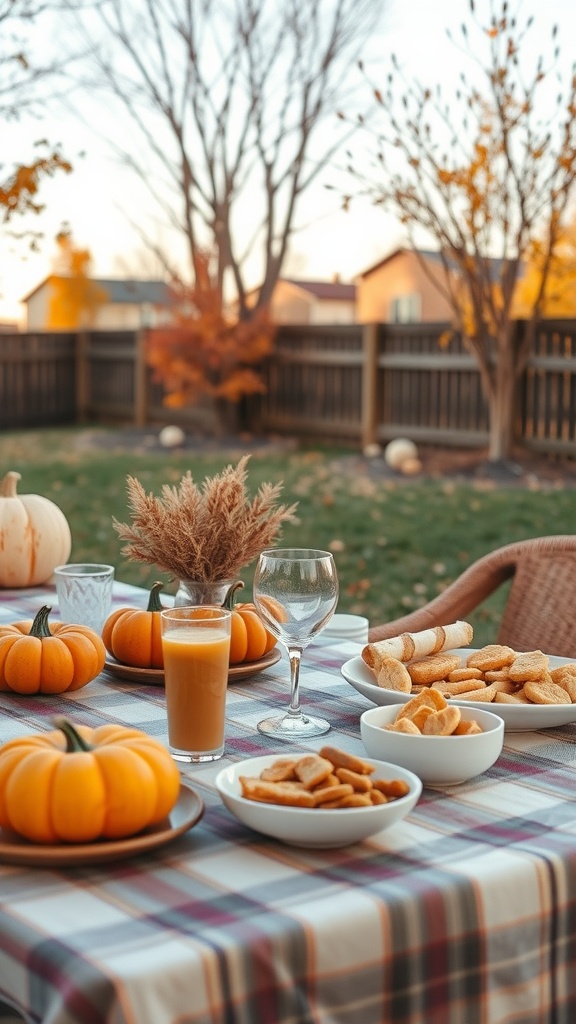 A cozy outdoor table decorated with pumpkins and snacks, set against a backdrop of autumn trees.