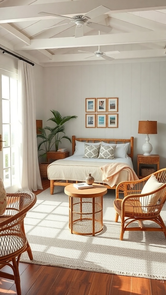 Coastal bedroom featuring rattan furniture, including a bed, chairs, and a coffee table.