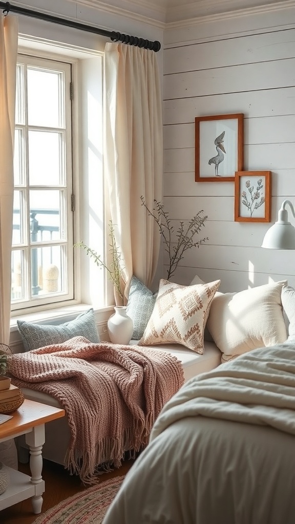 Cozy reading nook in a coastal bedroom with soft pillows, a blanket, and natural light.