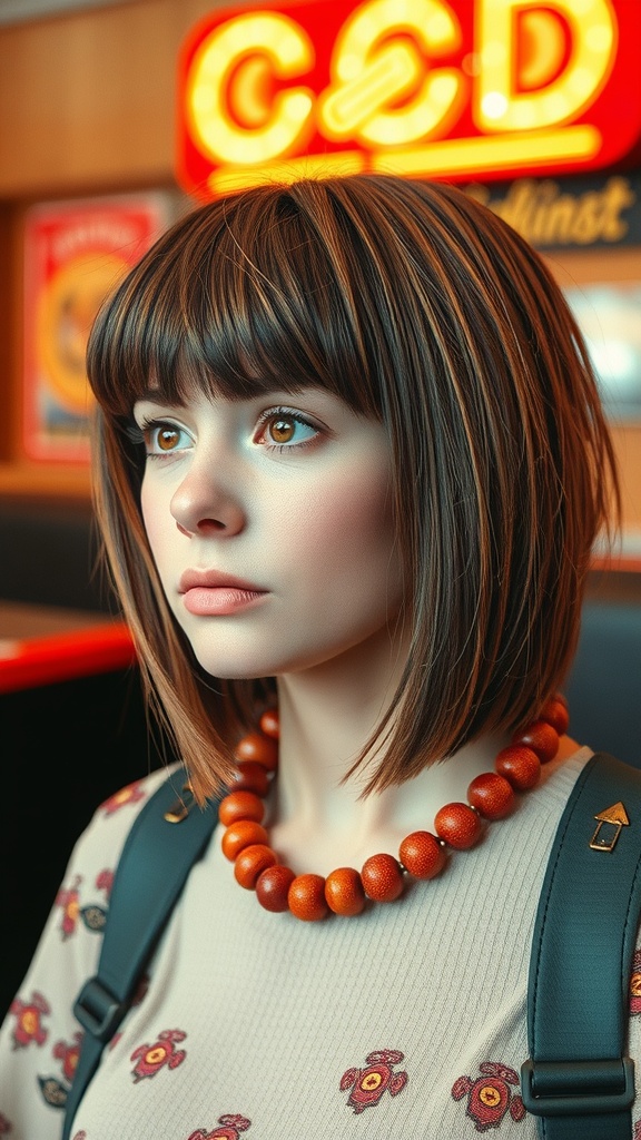 A person with shaggy hair and 70s bangs, wearing a patterned top and a wooden necklace.