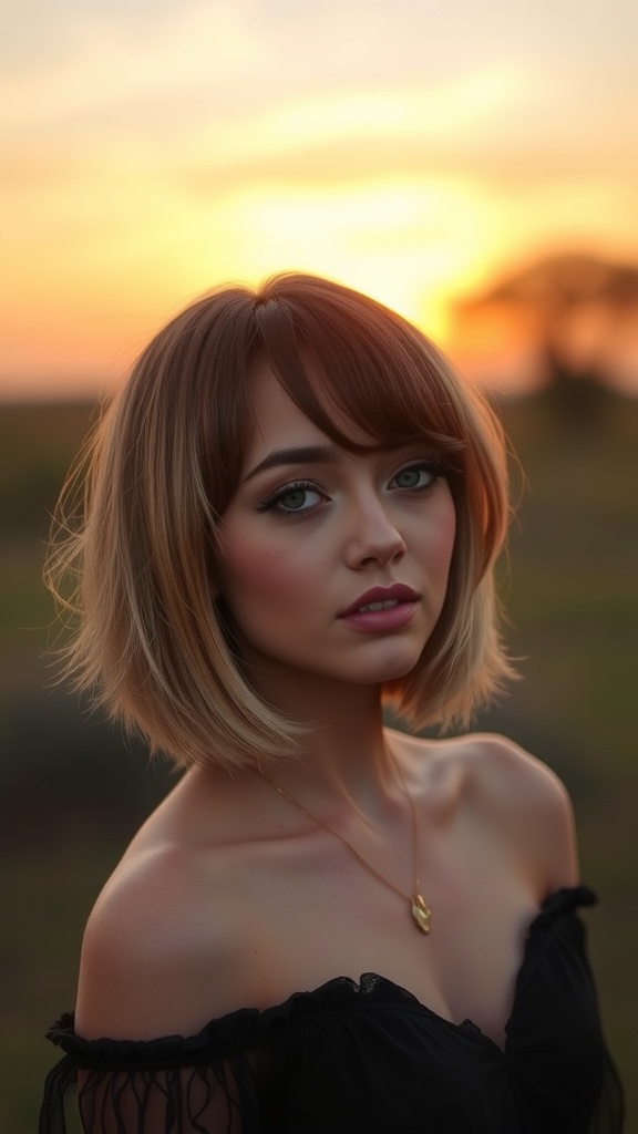 A woman with a romantic shag haircut and soft bangs, standing outdoors during sunset.