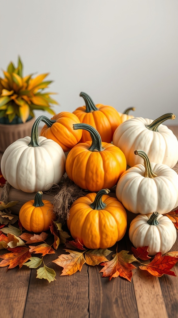 A rustic arrangement of orange and white pumpkins surrounded by autumn leaves on a wooden table.