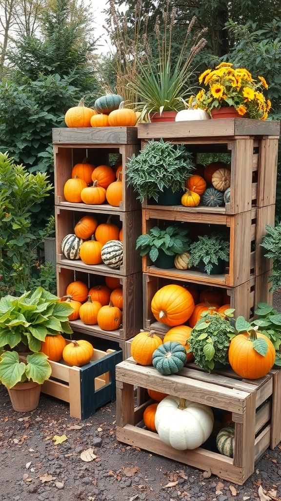 A display of rustic wooden crates filled with colorful pumpkins and plants, showcasing fall outdoor decor.