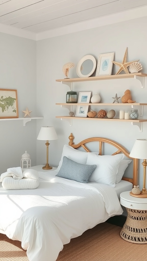 Coastal bedroom with seashell decor on shelves, featuring a cozy bed and natural materials.