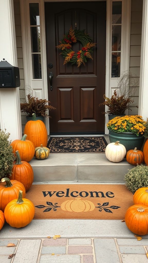 A welcoming fall-themed entryway with a 'welcome' door mat, pumpkins, and autumn decorations.