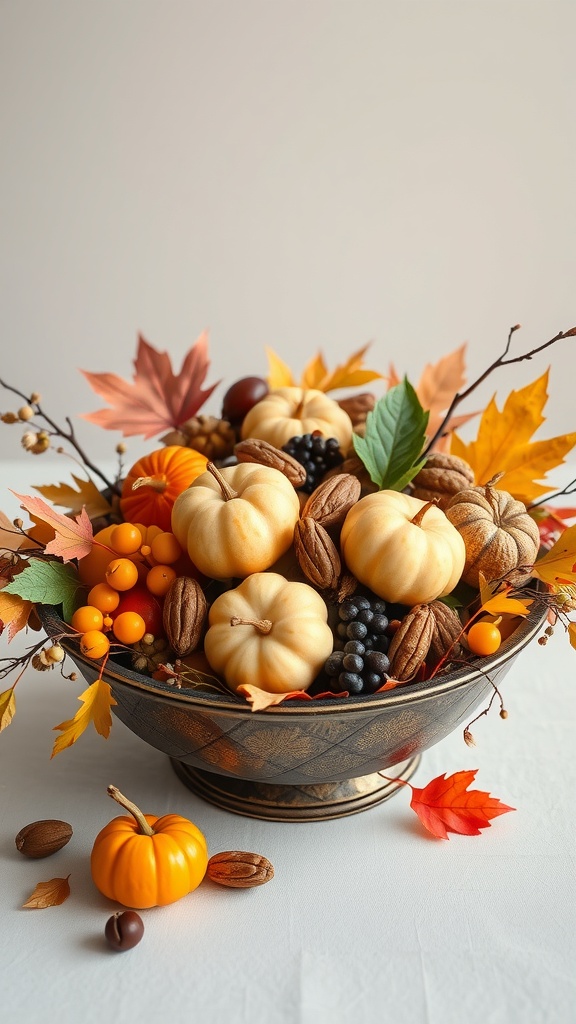 A decorative bowl filled with mini pumpkins, nuts, and autumn leaves, creating a festive Thanksgiving centerpiece.