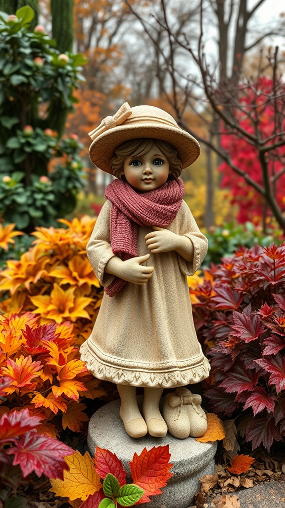 A garden statue of a young girl in a hat and scarf, surrounded by colorful autumn leaves.