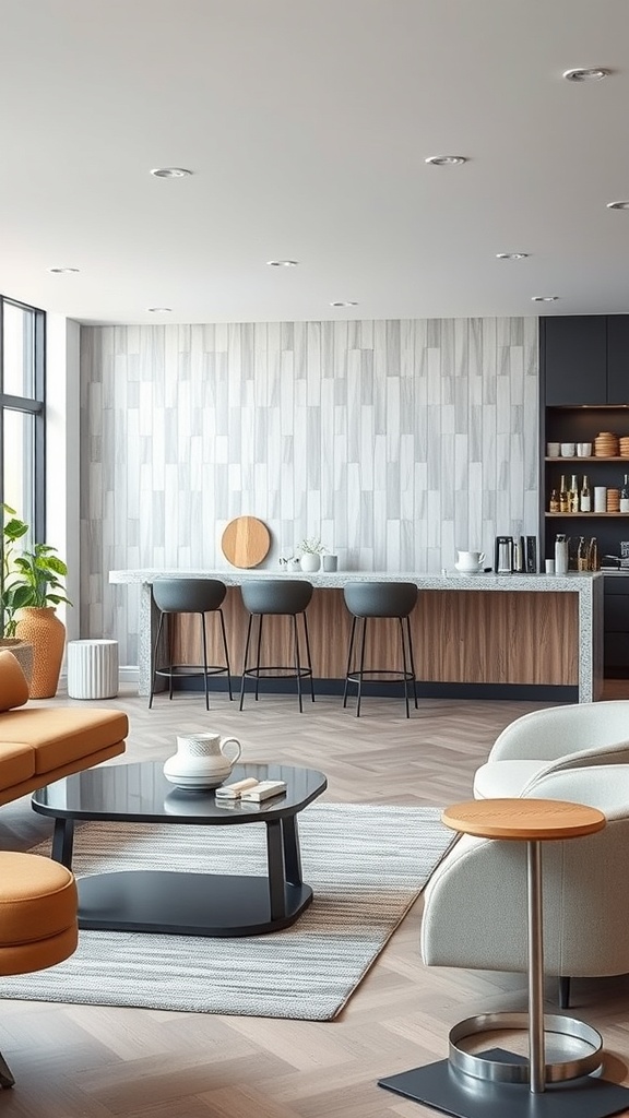 A modern coffee bar setup featuring stylish furniture, including bar stools and a cozy seating area.