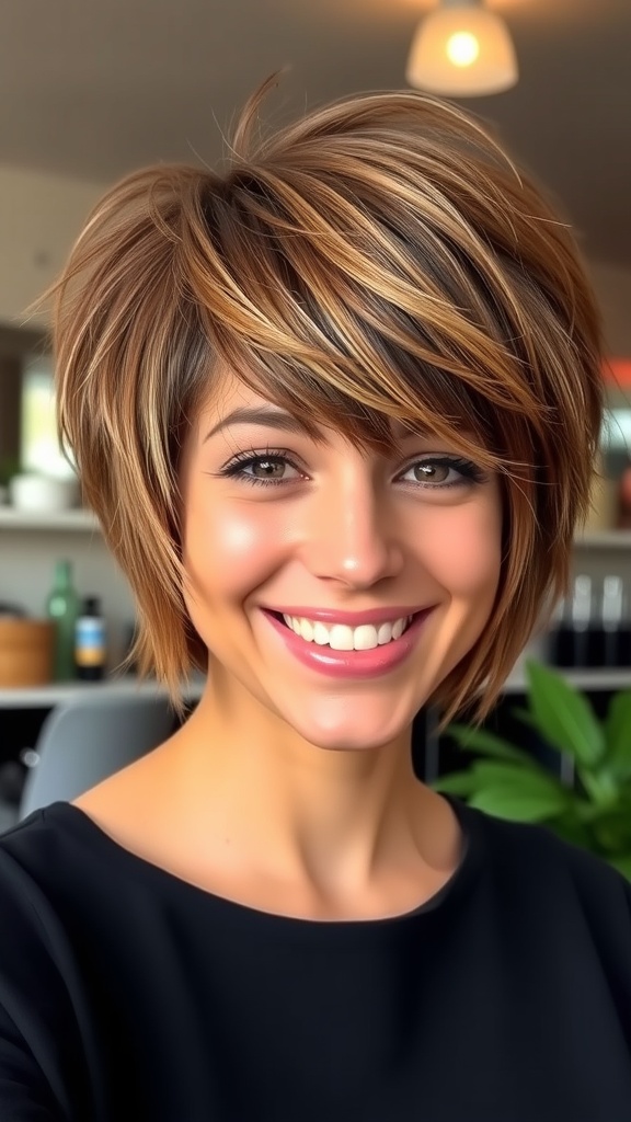 A young person with short shaggy hair and wispy bangs, smiling brightly.