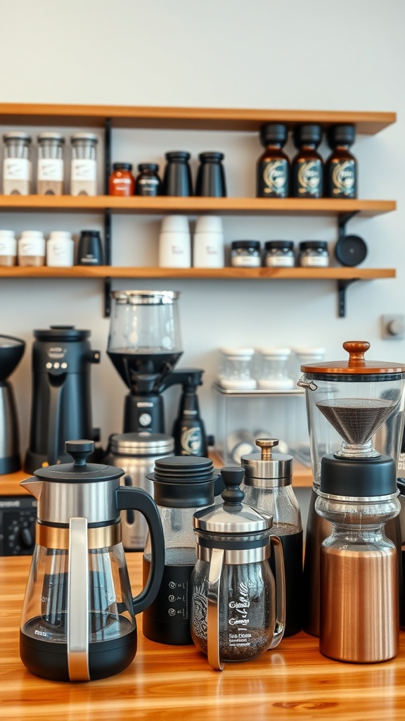 A coffee bar setup featuring various brewing tools including French presses, a coffee grinder, and jars of coffee beans on wooden shelves.