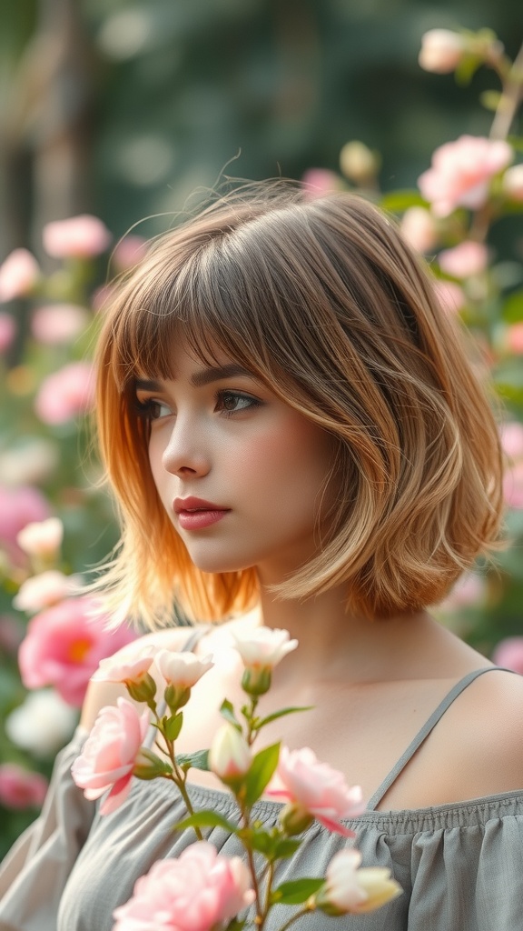 A model with soft shag haircut and rounded bangs, surrounded by pink roses.
