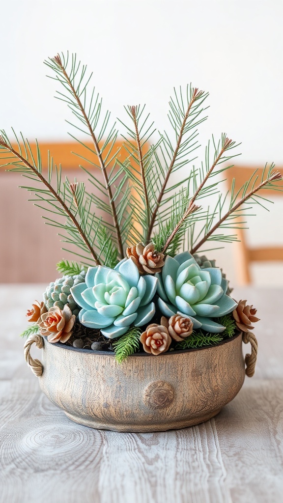 A beautiful arrangement of succulents and pine in a rustic bronze pot.