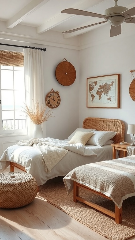 A cozy coastal bedroom featuring natural materials, soft textiles, and a serene atmosphere.