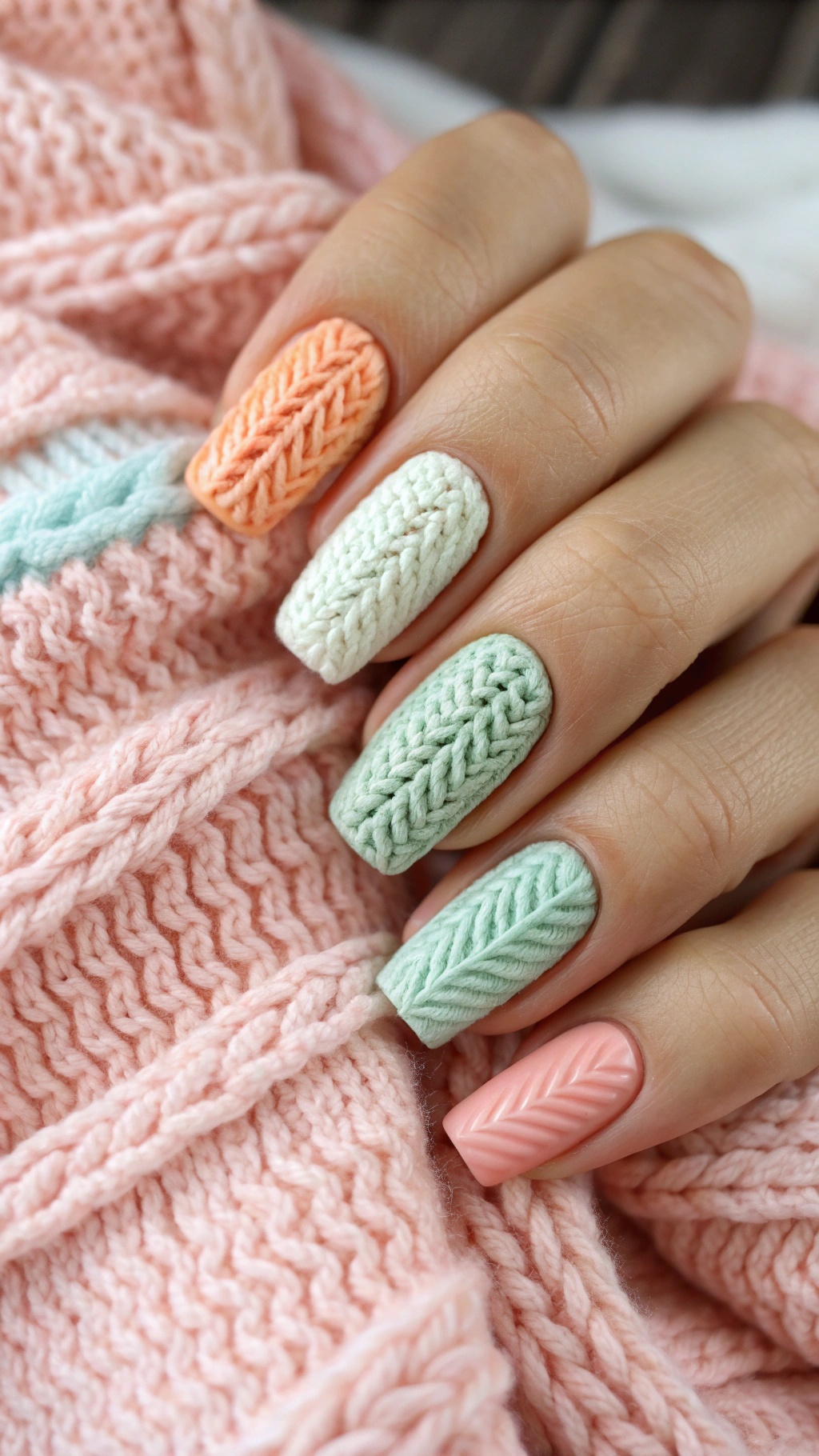 Nail art featuring knitted patterns in pastel colors, inspired by cozy sweaters.
