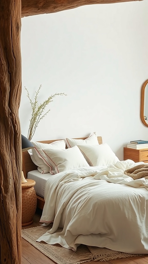A cozy coastal bedroom featuring a wooden beam, soft white bedding, a woven basket, and a touch of greenery.