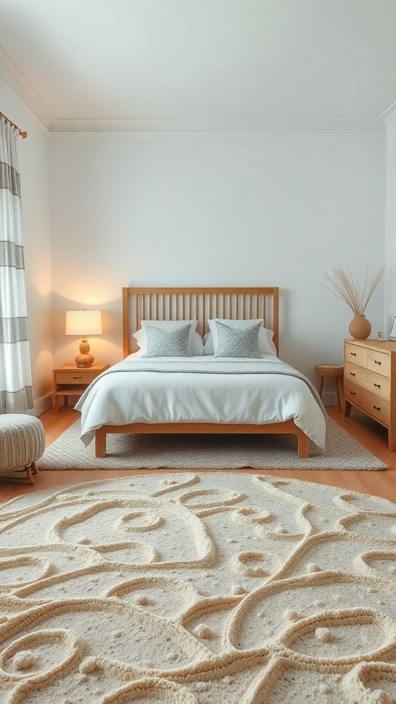 A cozy coastal bedroom featuring a textured rug, wooden furniture, and soft bedding.