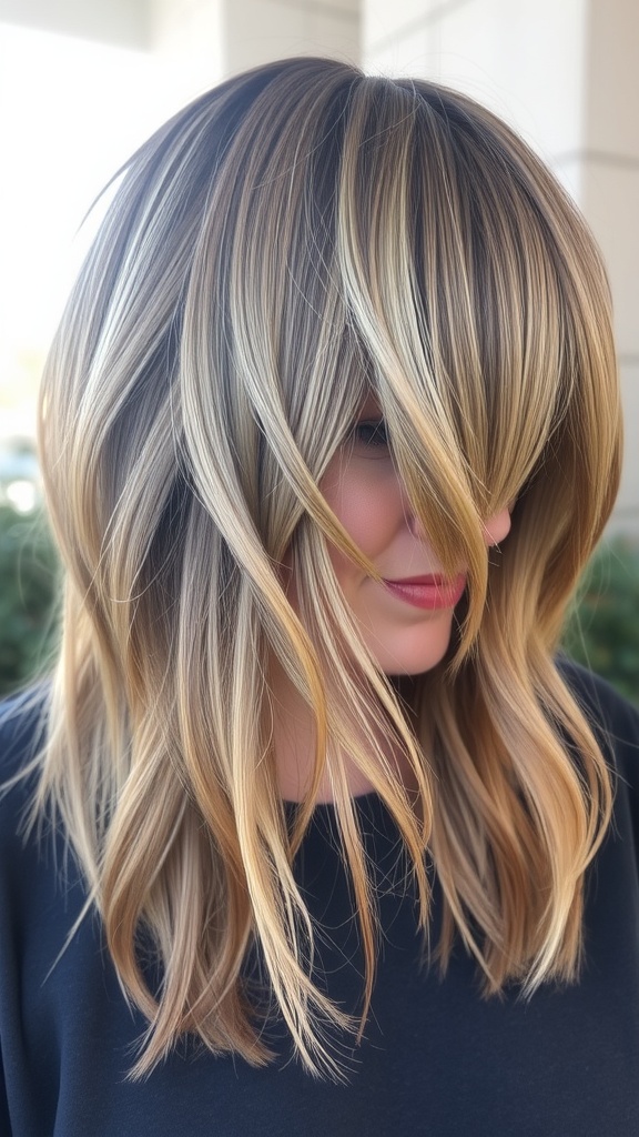 A woman with textured shag hair and curtain bangs, illuminated by sunlight.