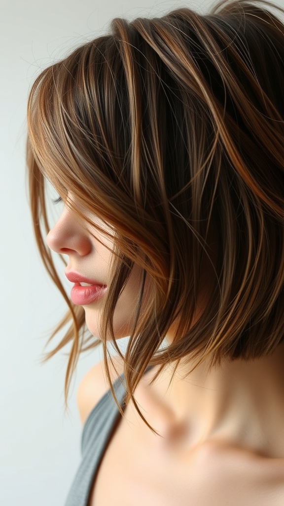 A close-up of a woman with textured shag haircut and wispy bangs, showcasing layers and movement.