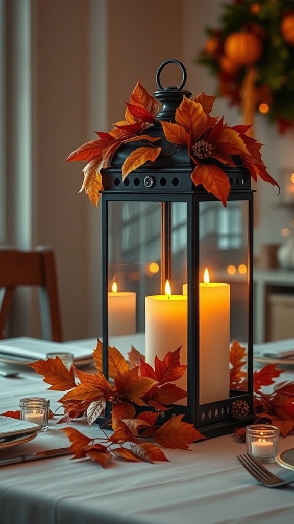 A Thanksgiving themed lantern decorated with fall leaves and candles, creating a warm centerpiece.