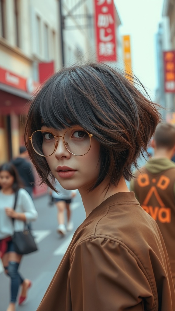 A person with shaggy hair and layered bangs, wearing glasses, in a busy street setting.