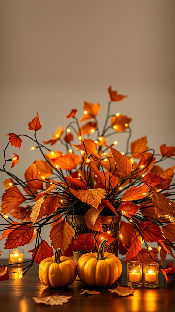 A Thanksgiving centerpiece with orange leaves, twinkling fairy lights, and small pumpkins.