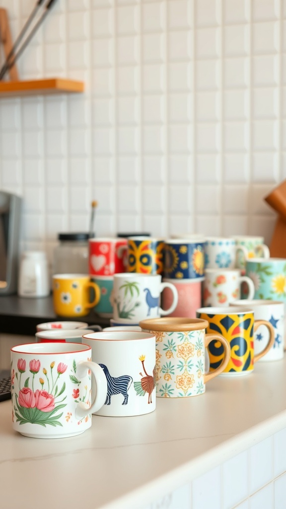 A collection of colorful and artistic coffee mugs displayed on a countertop.