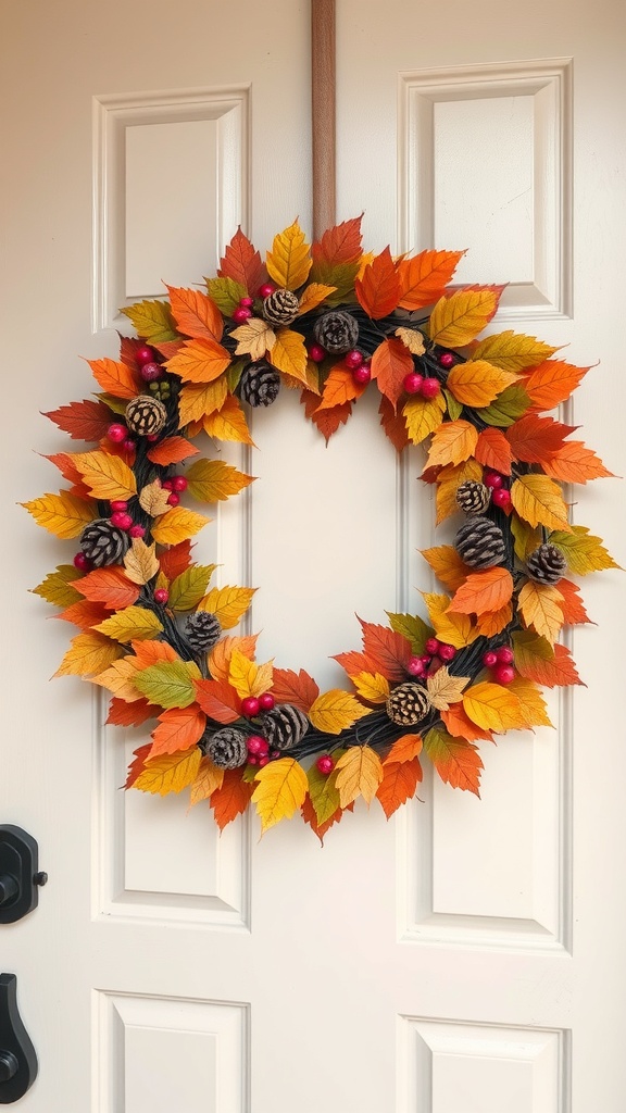 A colorful autumn wreath made of orange, yellow, and red leaves, pinecones, and berries, hanging on a white door.