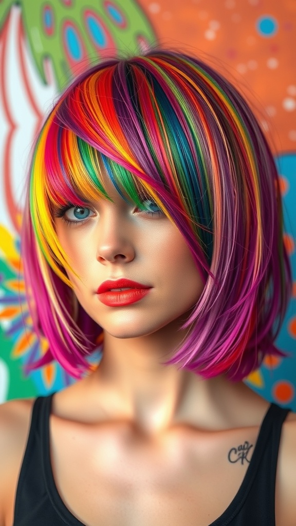 A person with vibrant shag haircut featuring colorful bangs, showcasing a mix of pink, yellow, and green hair.